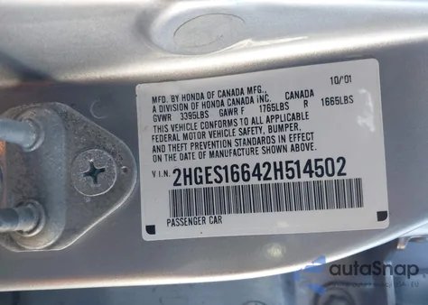 2002 Honda Civic Lx из США, поврежденный, VIN 2HGES16642H514502